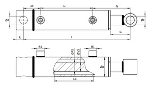 Hydraulic cylinders with cross bores of various sizes